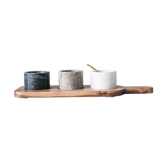 Acacia Wood Board with Marble Pinch Pots &#x26; Spoon Set